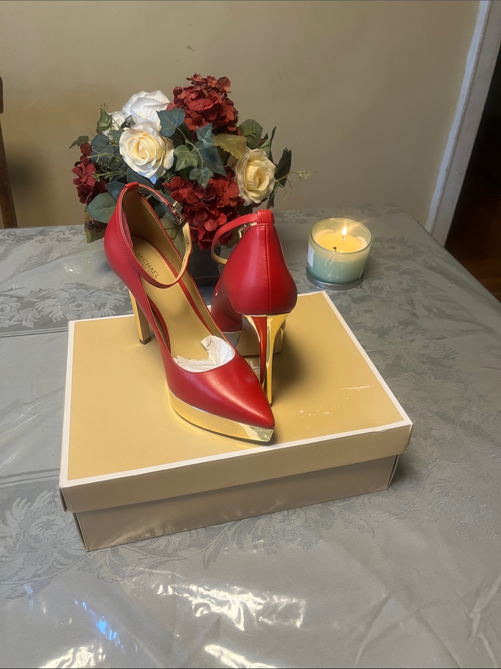 Michael Kors Women's Red Pointed-Toe Mary Jane Heels with Gold Platform(new) - Picture 2 of 8